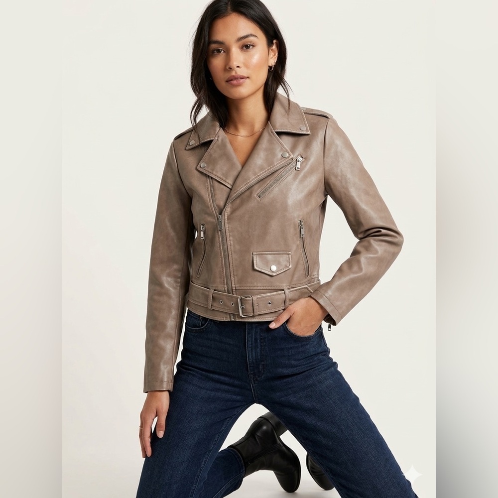 B COATURE Faux Leather Biker Jacket S 19” p2p Taupe EUC